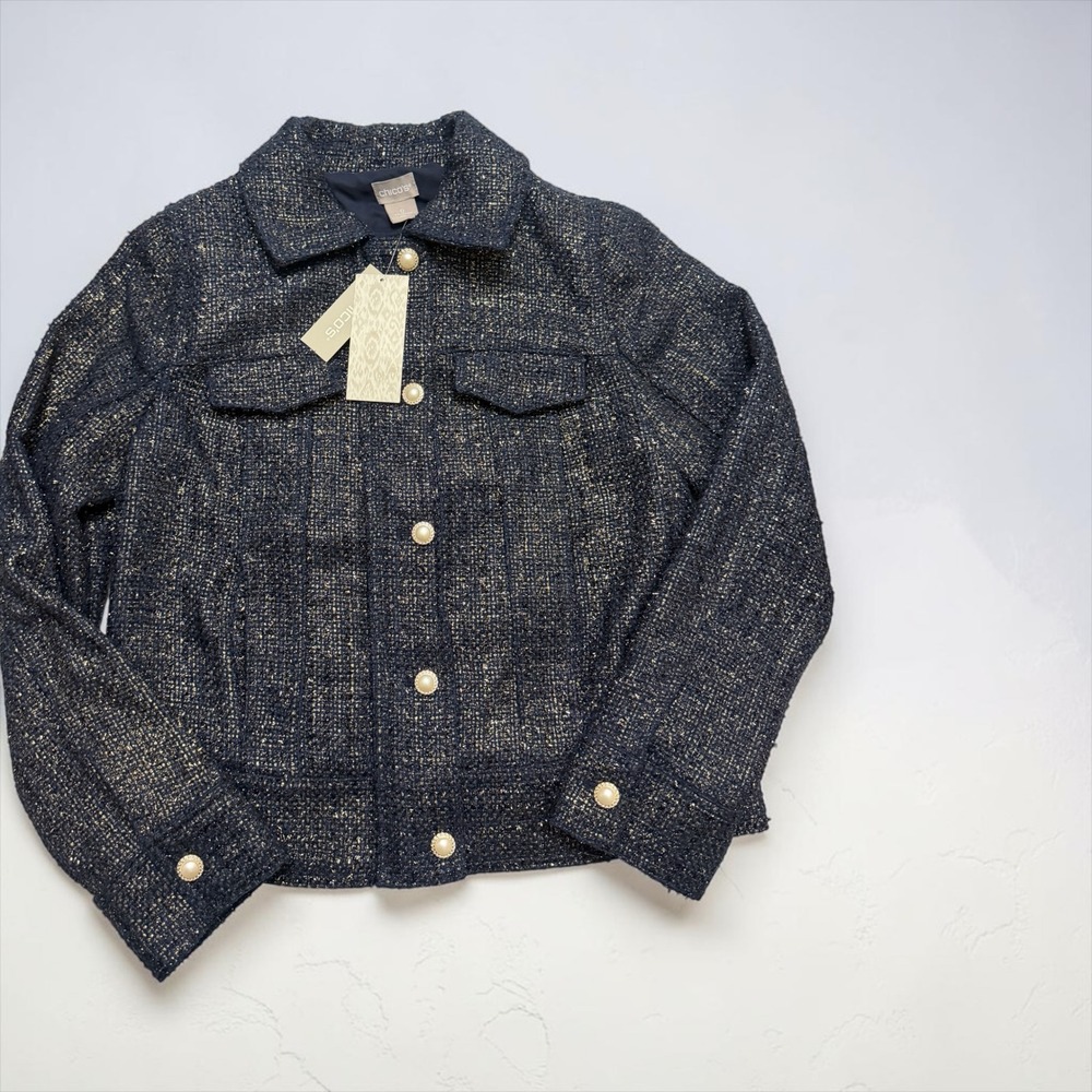 NWT Chico's Navy Foil Tweed Classic Jacket Faux Pearl Buttons 0 US 4/6 NEW